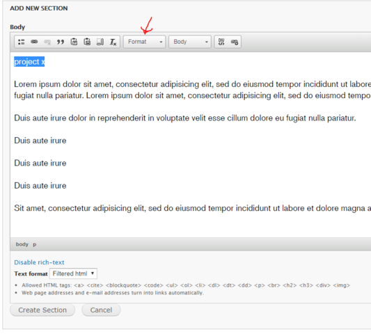 Make a header by marking some text, clicking 'Format' and choosing a heading