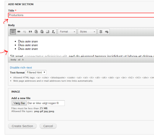 Add a heading in the title-field and some text in the text-field